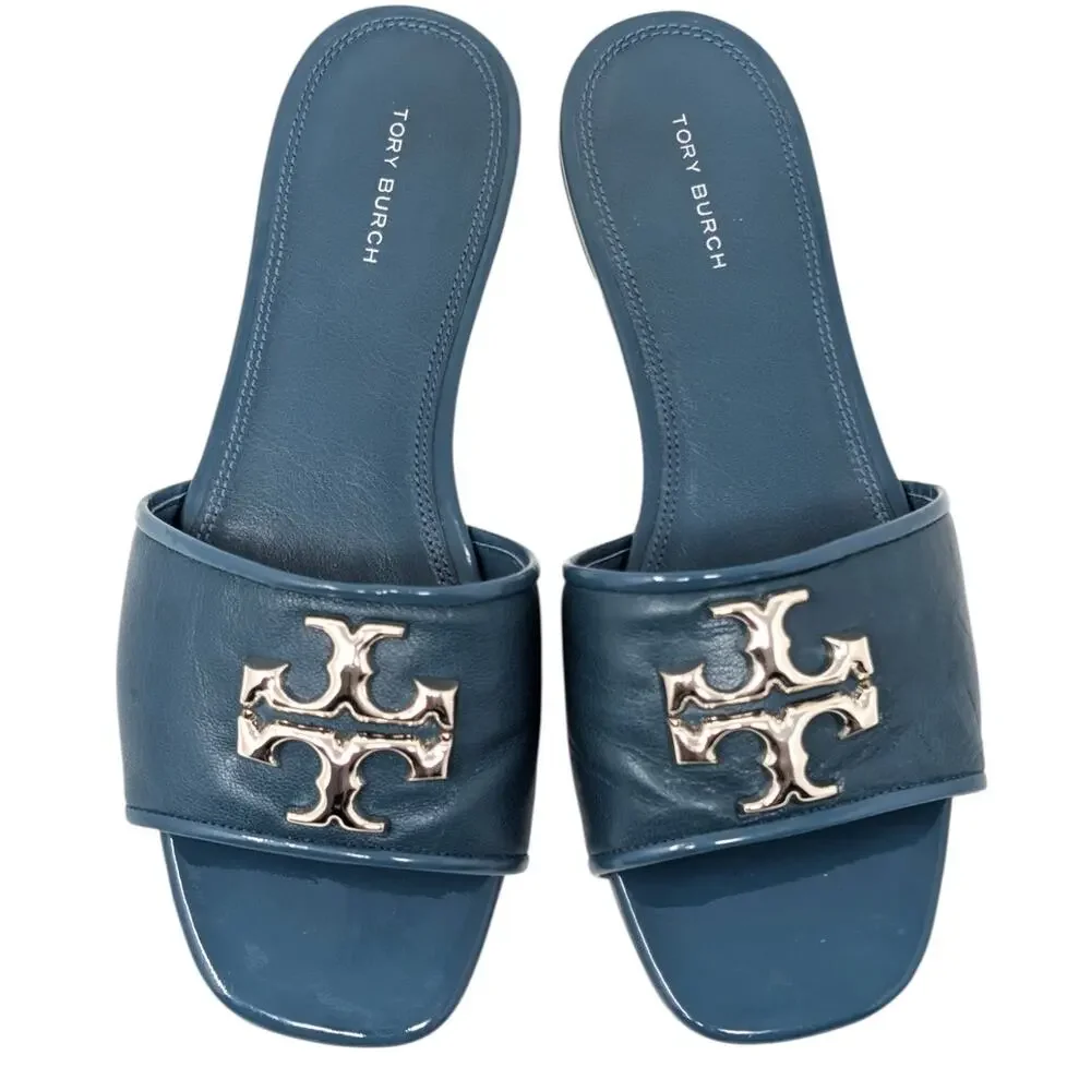 Tory Burch Eleanor Sandals Brisk Blue Leather Slides Logo‎ Size 8